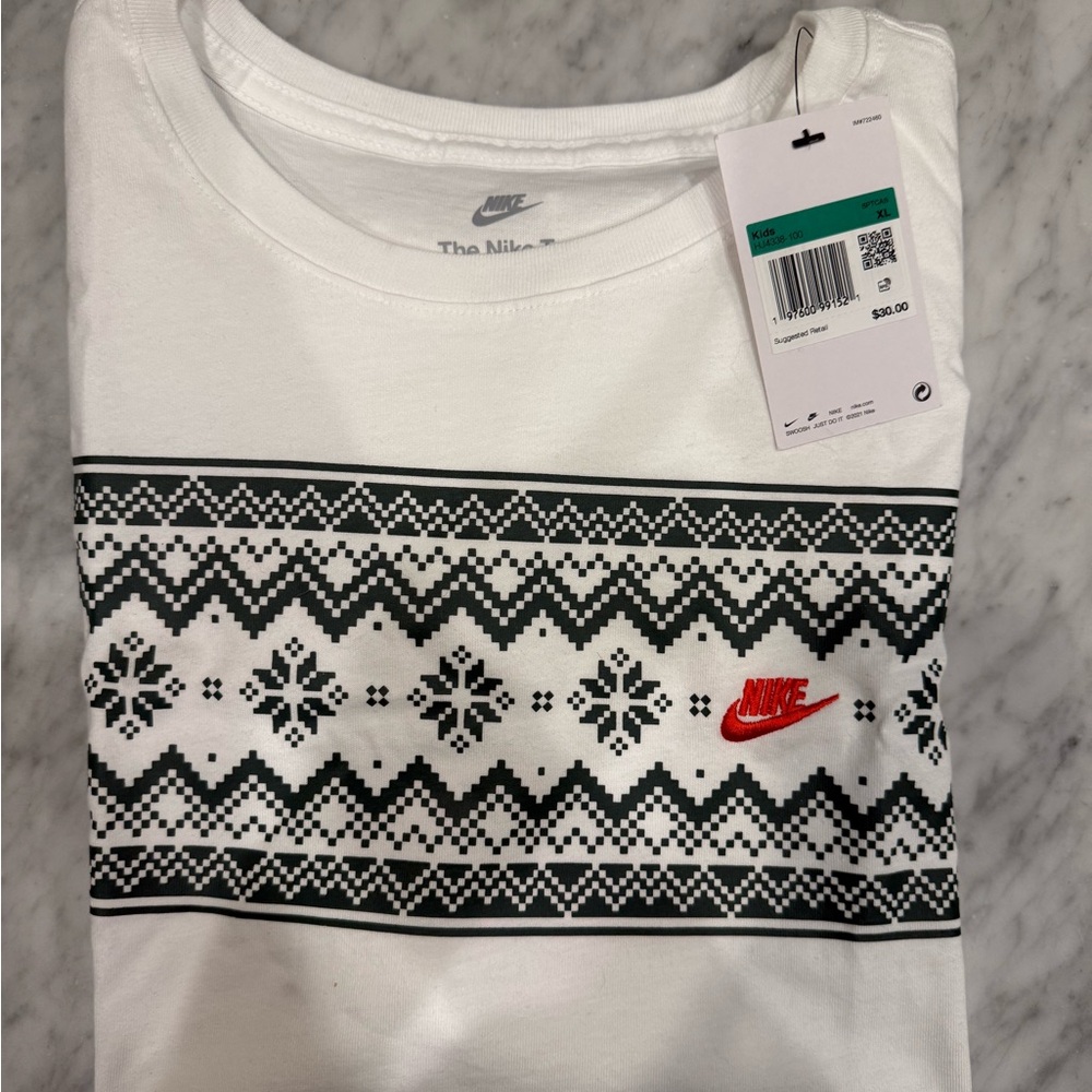 Nike White Short Sleeve Tee with Black Fair Isle & Red Swoosh